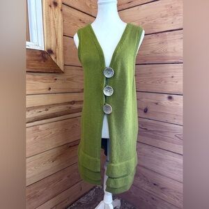 Olive Green Sleeveless Cardigan Giant Wood Buttons Cotton Tiered Women’s XS Boho